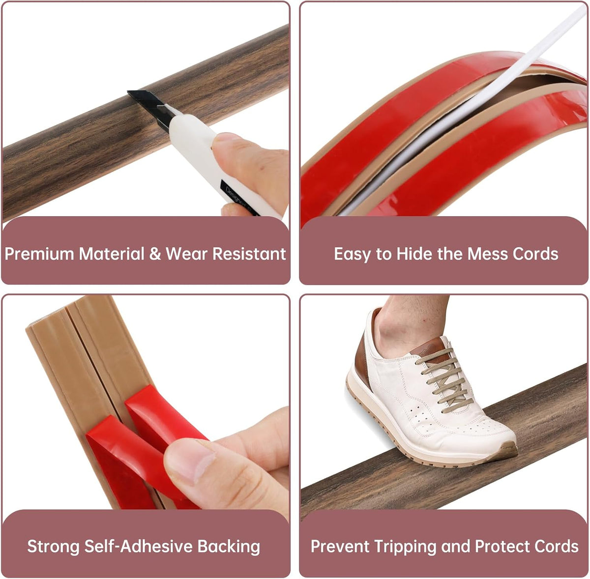 Floor Cord Cover Self Adhesive Cord Hider Floor Extension Cord Covers for Floor Power Cord Protector Cable Management Prevent Cable Trips Cable Cavity 0.47" W x 0.27" H (Smoked Brown Wood, 20Ft)