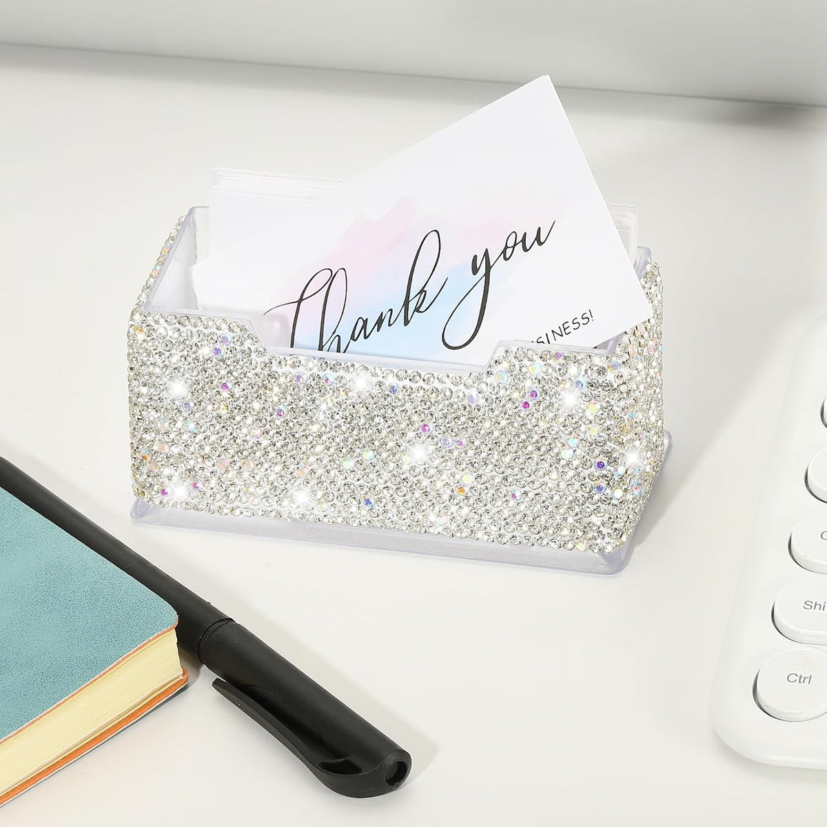 PATIKIL Rhinestone Business Card Holder, Crystal Business Card Holders Bling Business Card Organizer Display Stand for Desktop Desk Office Exhibition, White