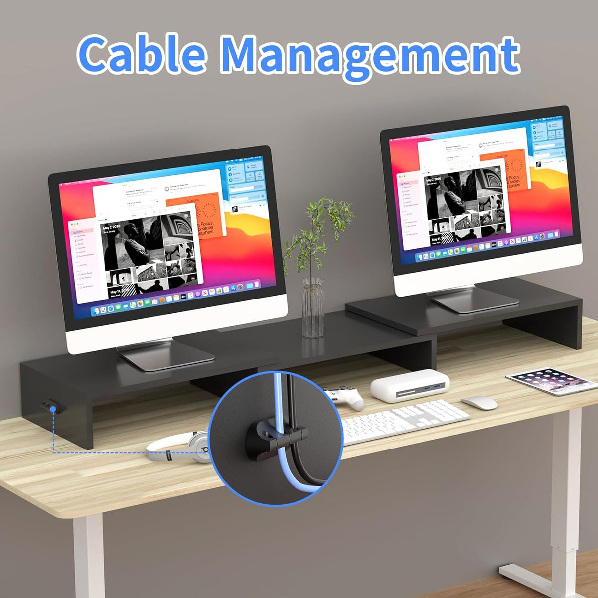 Pholiten Dual Monitor Stand Riser for 2 Monitors，Desktop Monitor Stand with Adjustable Length and Swivel Angles, Extra Long Multifunctional Stand up to 48.2" fit Computer Laptop Printer Max 44 lbs