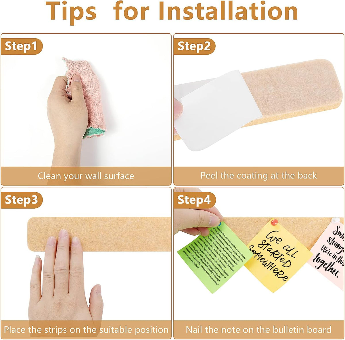 5 Pack Felt Pin Board Bar Strips Bulletin Board for Bedrooms Offices Home Wall Decoration, Notice Board Self Adhesive Cork Board with 35 Push Pins for Paste Notes, Photos, Schedules (Peach)