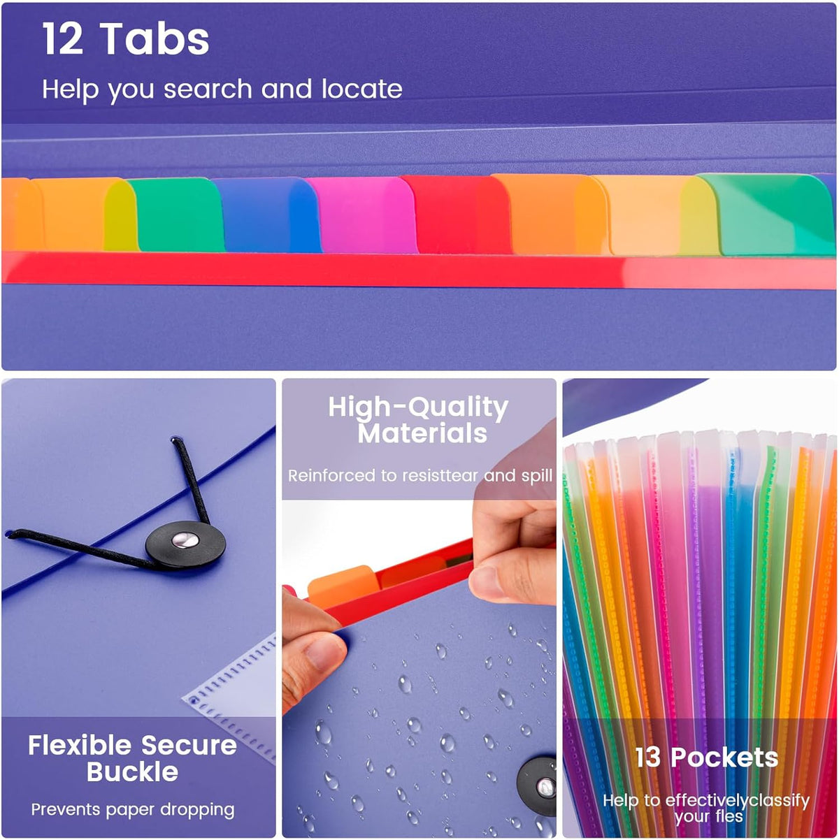 13 Pocket Expanding File Folder Accordian File Organizer, A4 Letter Size Paper Document Receipt Holder for School Office Supplies, Purple Blue