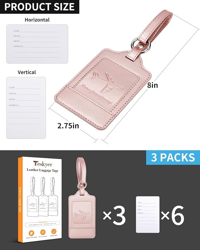 Teskyer Luggage Tags, 3 Pack Premium PU Leather Luggage Tags