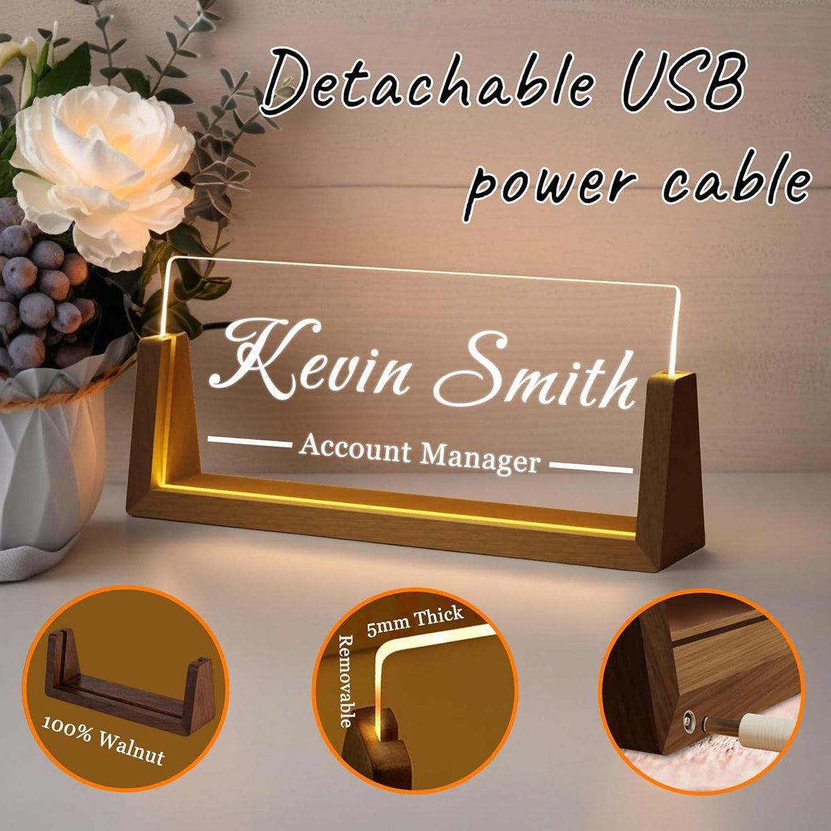 Personalized Desk Name Plate with LED Light & Wooden Base, Custom Acrylic Name Sign | Custom Office Decor & Appreciation Gifts for Boss Coworkers, New Job Promotion Gift (Style 4)