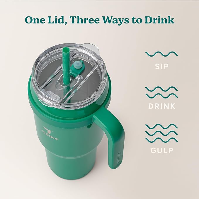 REDUCE 40 oz Stainless Steel Tumbler with Handle - Dual-Wall Vacuum Insulated Travel Mug, Sweat-Proof Lid & Reusable Straw - Keeps Drinks Cold for 24 Hrs, Fits Cupholders, Dishwasher Safe - Palm Leaf