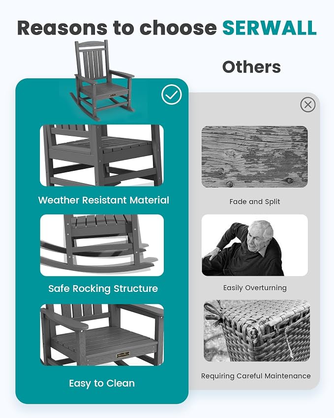 SERWALL Outdoor Rocking Chair Set of 2, HDPE Patio Rocking Chair All-Weather