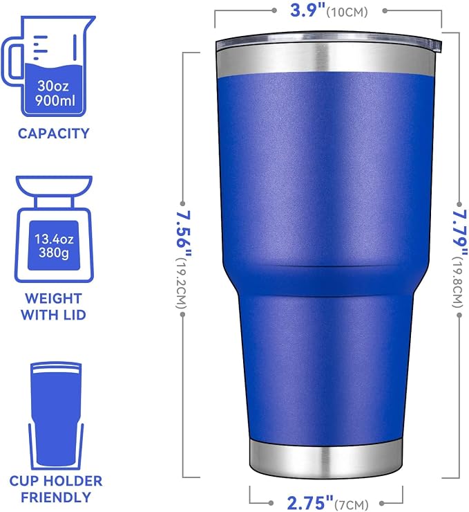 DOMICARE 30oz Tumbler Bulk with Lid and Straw, Double Wall Travel Coffee Mug, Insulated Vacuum Stainless Steel Tumblers, Powder Coated Tumbler Cup (Dark Blue, 8)