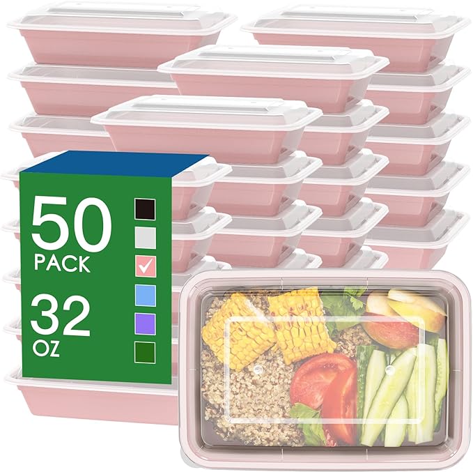 50 Pack (100-Piece) 32 oz Meal Prep Containers Reusable with Easy Open Lids, Sturdy Leakproof Food Safe, Microwave Freezer Dishwasher Safe, To Go Take Out Plastic Food Storage Pans with Lids, Pink