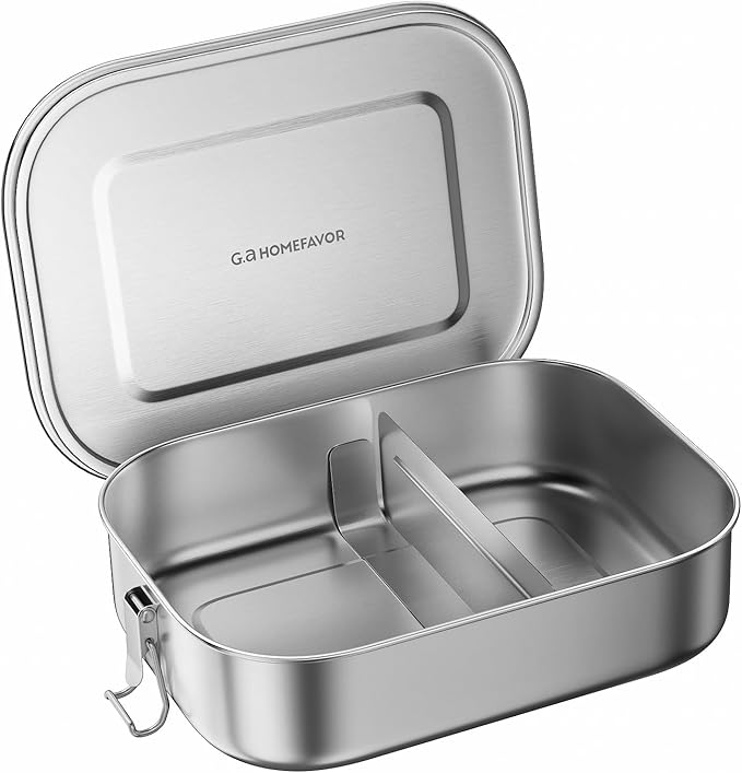 G.a HOMEFAVOR Stainless Steel Bento Lunch Box - Leak-Proof Metal Bento Box, Large Food Container with Lock Clips, Snack Container, Dishwasher Safe, 2 Compartments, 1400 ml/47 oz