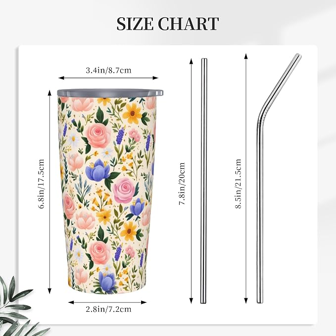 Floral Tumbler with Lid and Straw 20oz Vacuum Insulated Coffee Cup Stainless Steel Tumblers Leakproof Travel Mug Present for Women Men