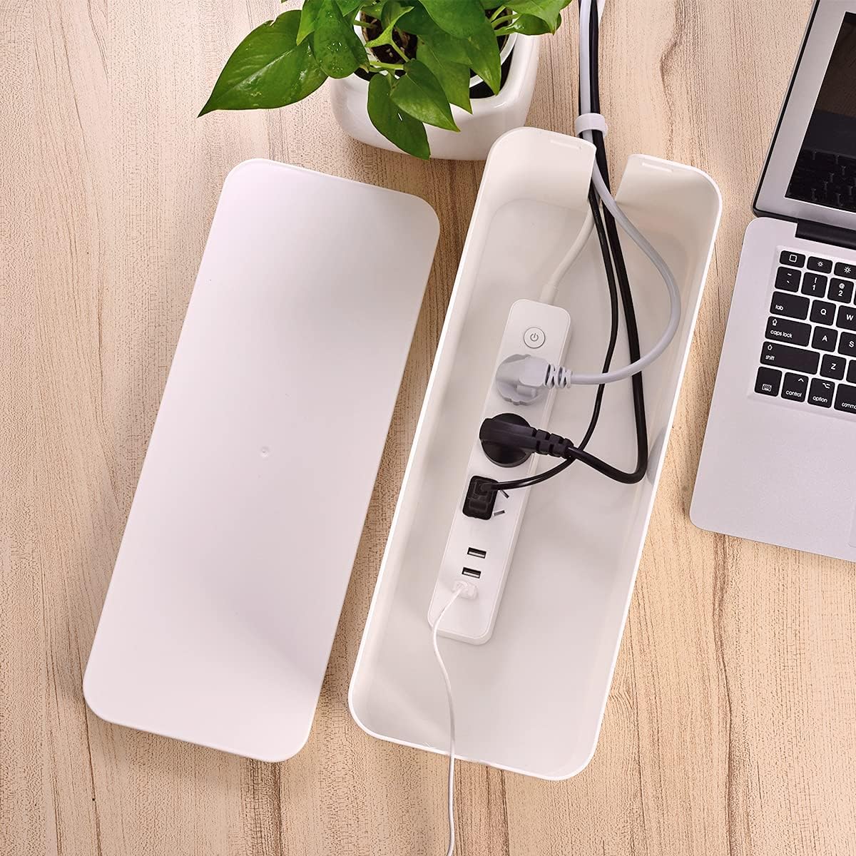 Cable Management Box, Large Cord Organizer Box to Hide Power Strip & Under Desk,TV Computer Wires Cable Organizer Hider Box with Cable Clips&Reusable Cable Ties for Home/Office(White)