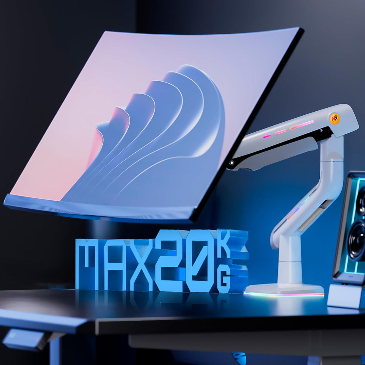 NB Gaming Monitor Arm or for 32 to 60 Inches Screen, Load up to 20 kg, VESA 75/100, RGB-Light, Heavy Duty, Multi Angle Adjustable, Premium Aluminum, White