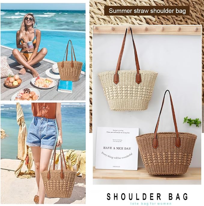 Straw Beach Bags for Women Woven Beach Tote Bag Casual Boho Large Shoulder
