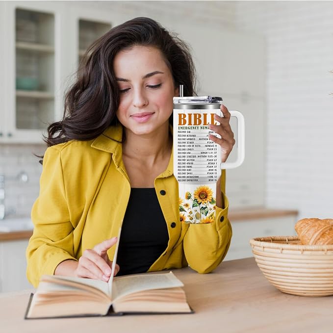 Sunflower Christian Gifts for Women, 40 oz Bible Emergency Numbers Tumbler with Lid and Straw, Inspirational Religious Birthday Gifts for You are Cup Christian