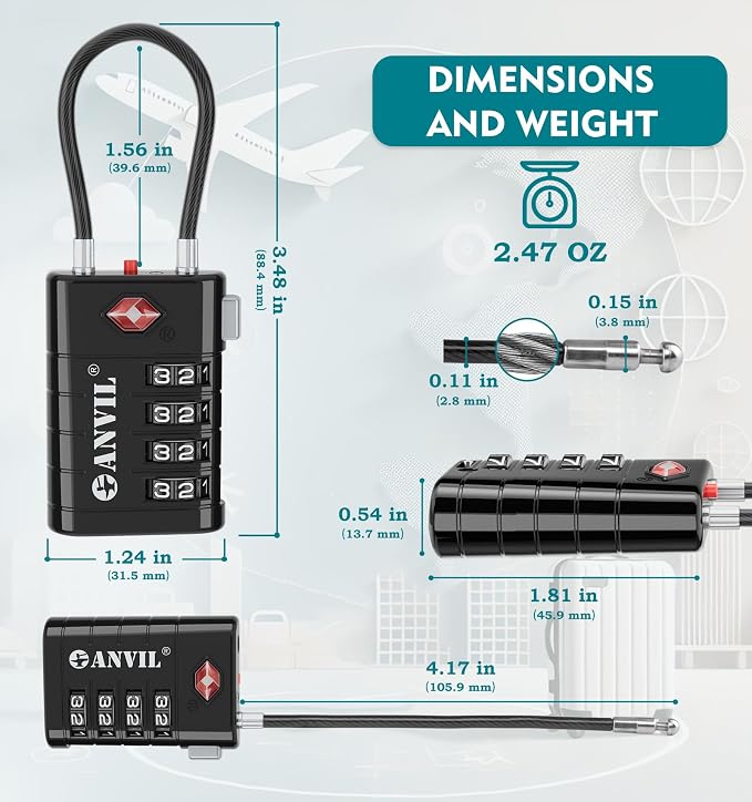 ANVIL 4 Digit Luggage Locks, TSA Locks