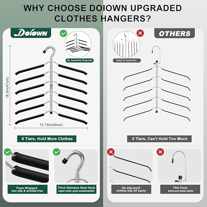 DOIOWN Clothes Hangers Space Saving: 6 Tier Coat Hanger Space Saving Hangers