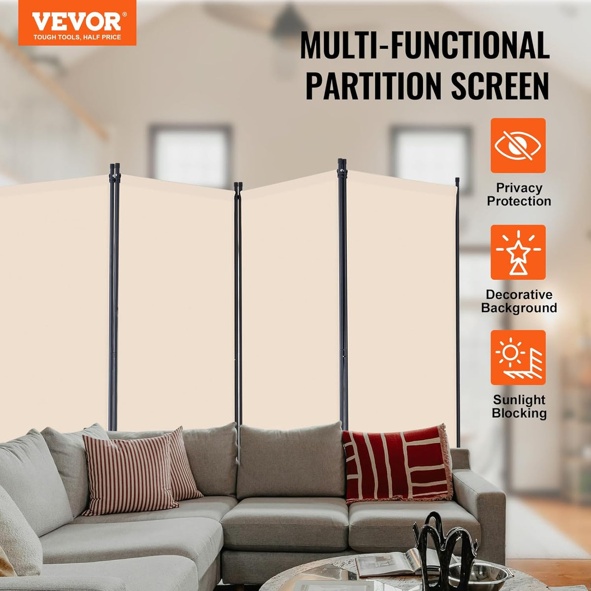 VEVOR Room Divider, 4 Panel Room Divider, Folding Privacy Screen and Portable Partition Divider for Room Separation, Freestanding Room Partitions for Office, Bedroom, Study, Beige