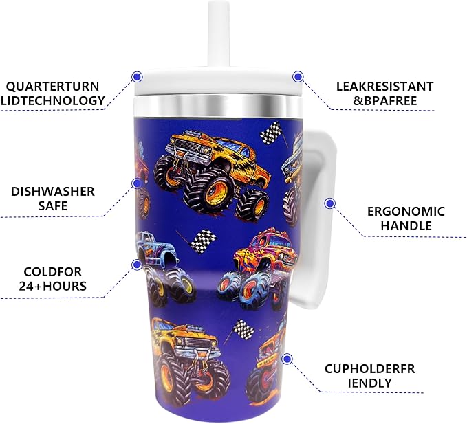 20-OZ Insulated Water Bottle,Insulated Stainless Steel Tumbler,Reusable Cold Drink Thermos,BPA-Free, Double-Wall Stainless Steel Water Bottle (Dark blue-Monster truck, 20, Fluid Ounces)