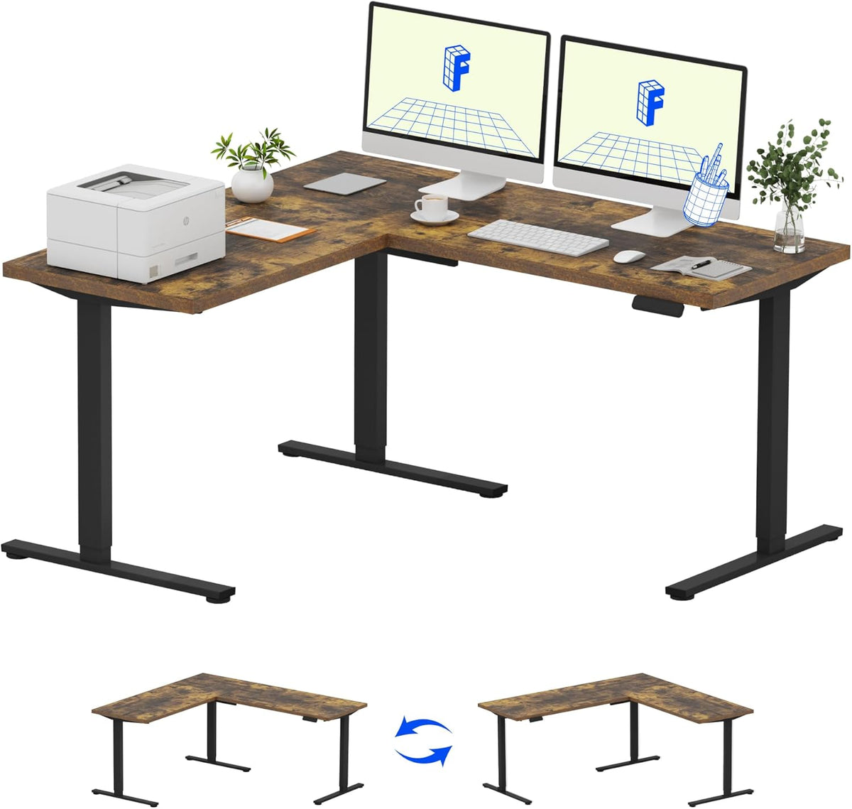 FLEXISPOT L Shaped Standing Desk, 63 x 55 Inch Electric Height Adjustable Corner Desk, Sit Stand Computer Workstation, Preset Controller, Home Office, Black Frame with Rustic Brown Top