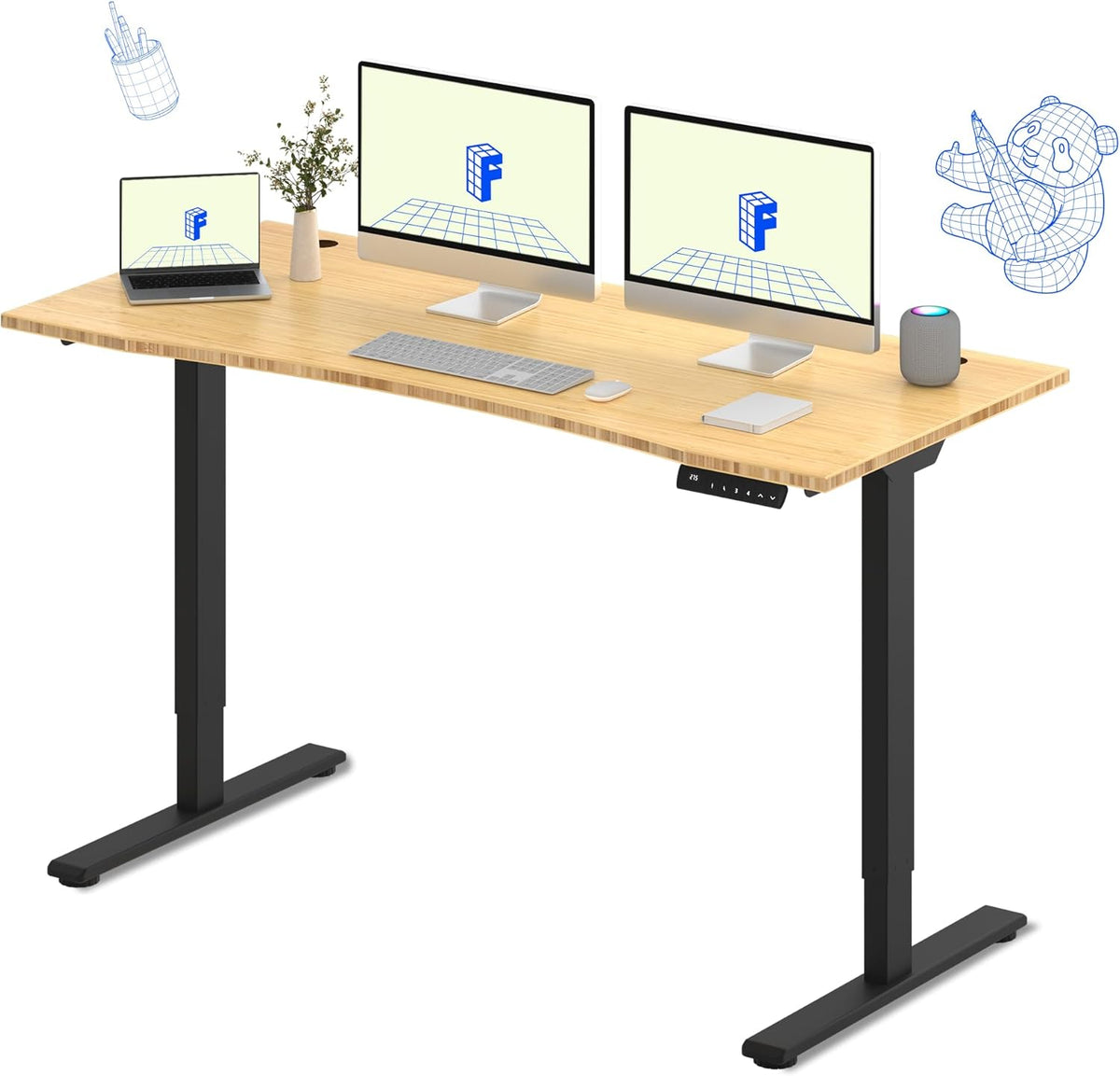FLEXISPOT E3 Bamboo Dual Motor 72x30 Inch Electric Height Adjustable Standing Desk Whole-Piece Board Desk Sit Stand Up Desk (Black Frame + Bamboo Curved Desktop)