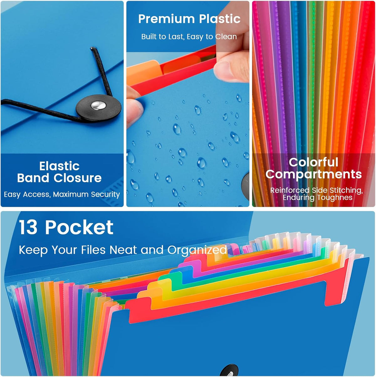 13 Pocket Accordion File Organizer with Elastic Closure, Expanding File Folder for Letter Size A4 Papers, Ideal for Home, Office Supplies, College Essentials - Blue
