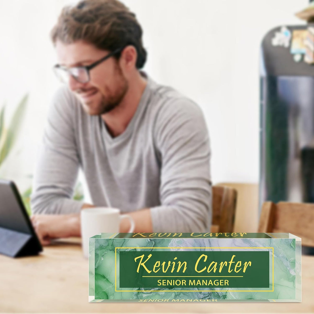 Name Plate for Desk Personalized, Acrylic Desk Decorations, Employee Appreciation Gifts, Custom Office Gifts for Coworkers, Boss, Teacher, Nurse (Green White Marble)