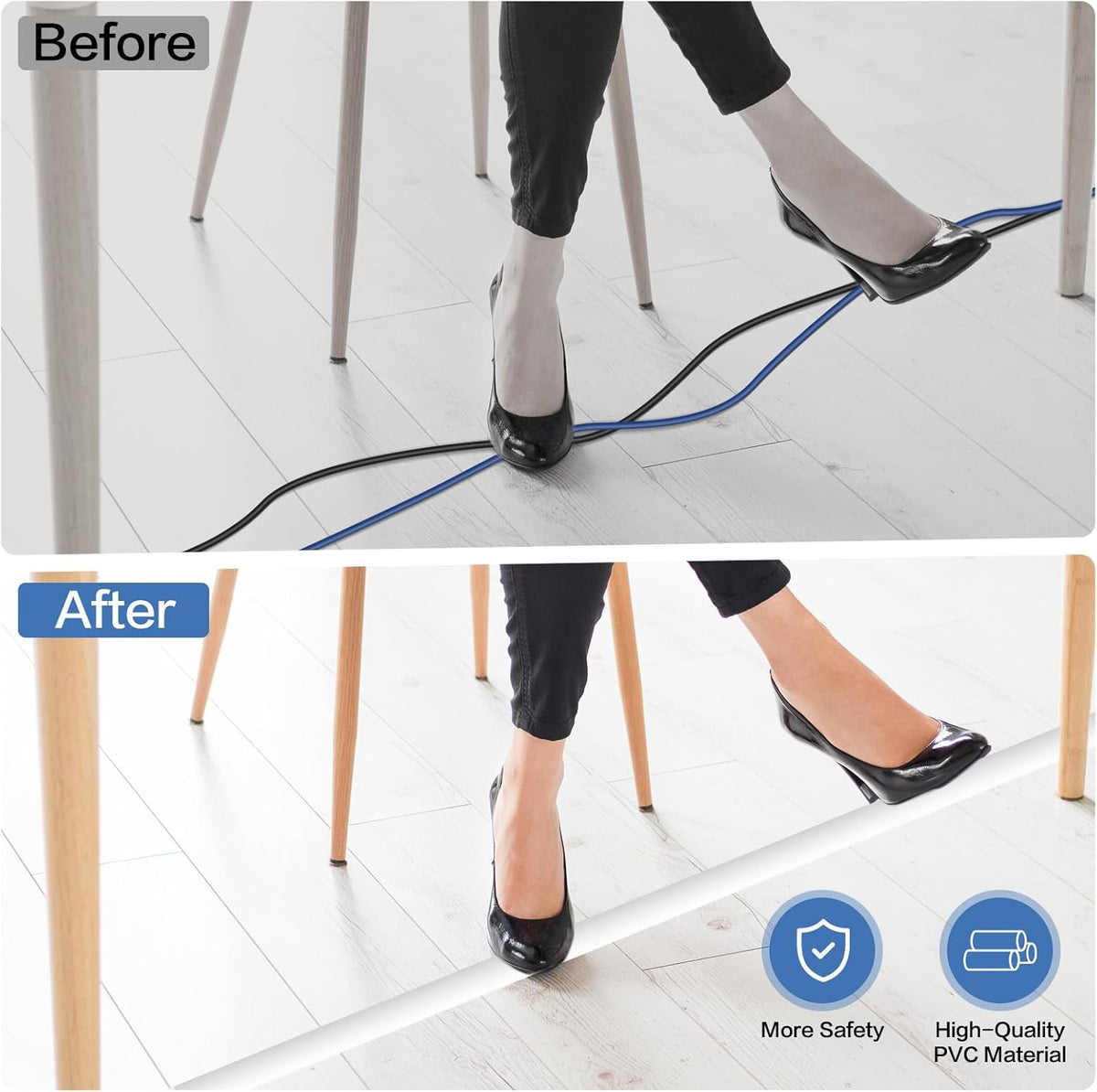 Floor Cord Cover Self Adhesive Cord Hider Floor Extension Cord Covers for Floor Power Cord Protector Cable Management Prevent Cable Trips Cable Cavity 0.51" W x 0.31" H (White, 10Ft)