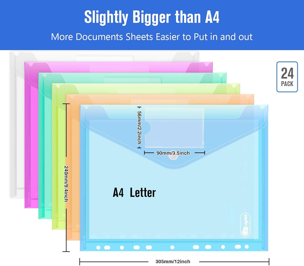 ABSOFINE 24 Pack Plastic Envelope Document Folders with Label Pocket and Snap Button for Home Work Office Organization, A4 Letter Size, Binder Pocket Folders for 11 Ring Binder, Assorted Colors