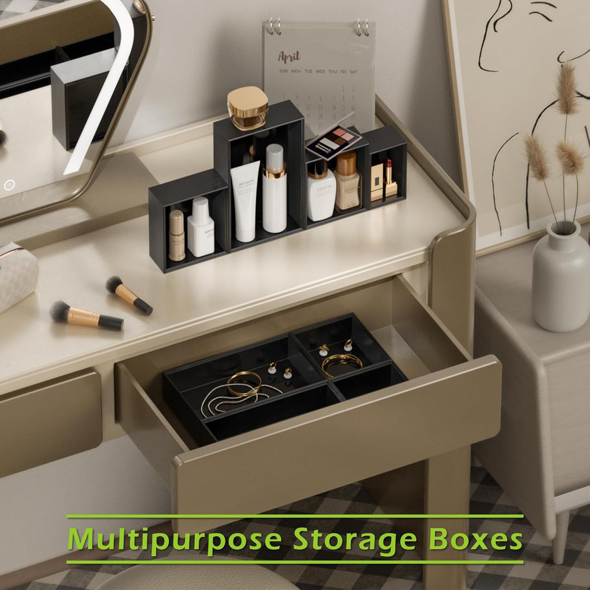 Bathroom Drawer Organizer Trays, Bamboo Drawer Organizer Kitchen Utensils Silverware Organizer, 8 PCS Wood Box Stackable Bins for Makeup, Office Desk, Junk Drawer (Black)