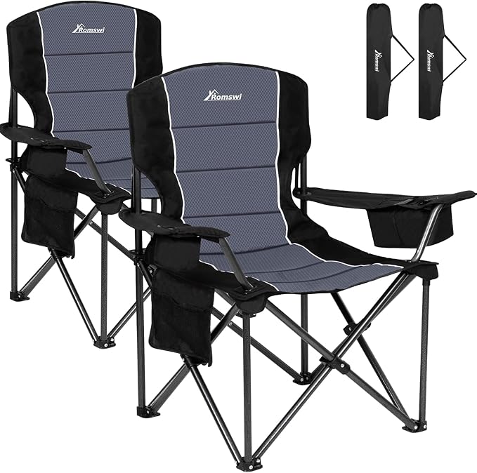 Romswi Oversized Camping Chairs, Heavy Duty Support 500 LBS, Padded Back & Arm