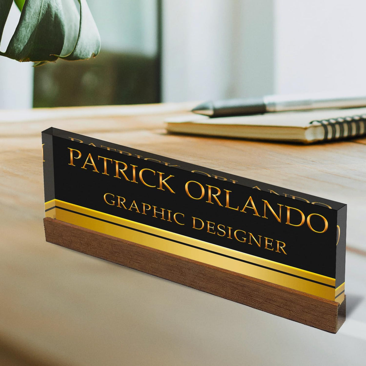 Artblox Personalized Office Desk Name Plate With Business Card Holder | Clear Acrylic Glass with Teak Wood Stand | Black Gold Stripe Design Customized with Your Name and Credentials Office Desk Décor