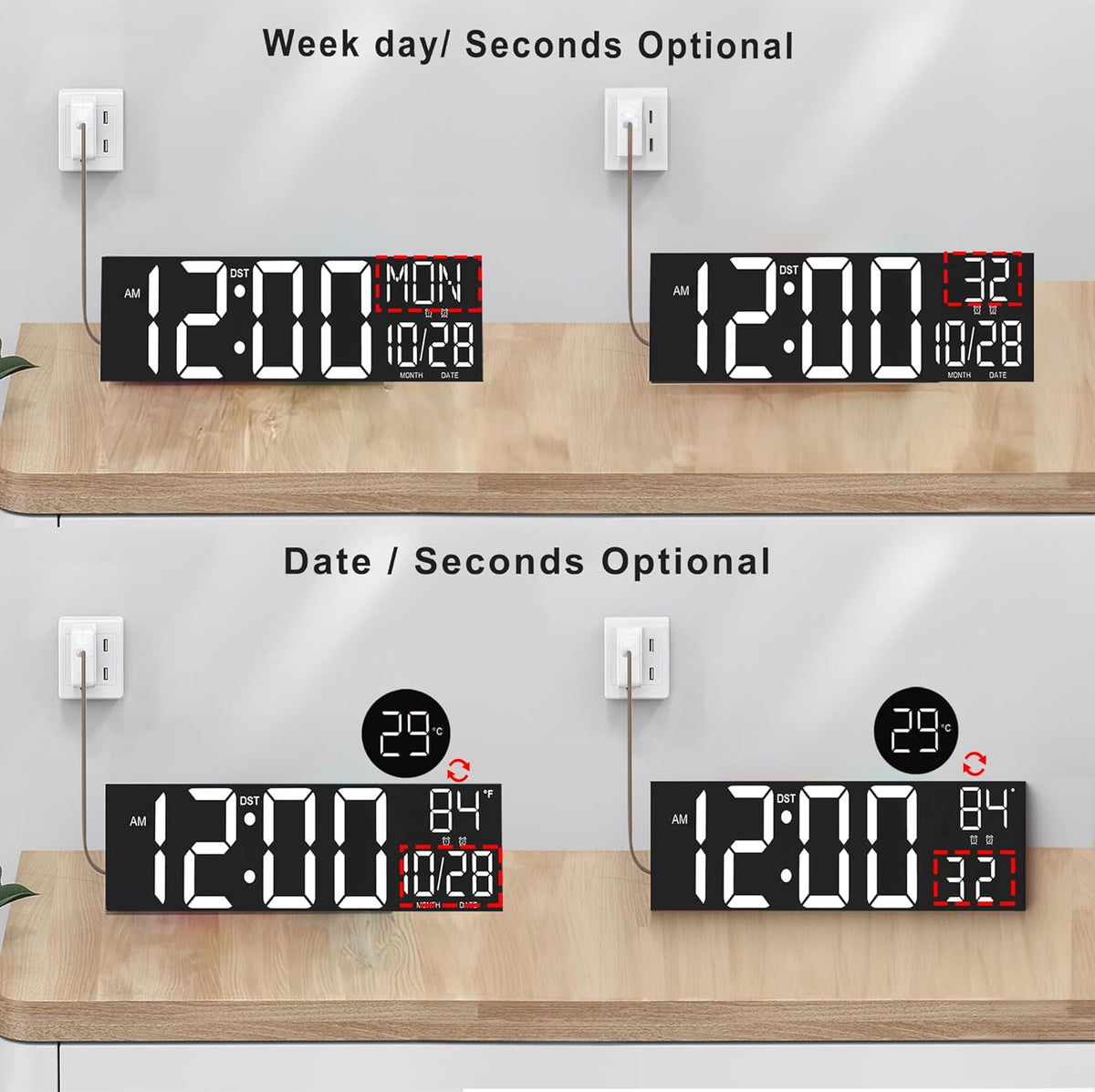 JALL 30" Large Digital Wall Mount Clock with Remote Control, Alarm, Huge Giant Big LED, Countdown, Auto DST, Temperature for Living Room Classroom Desk, Xmas, Birthday Gift, White