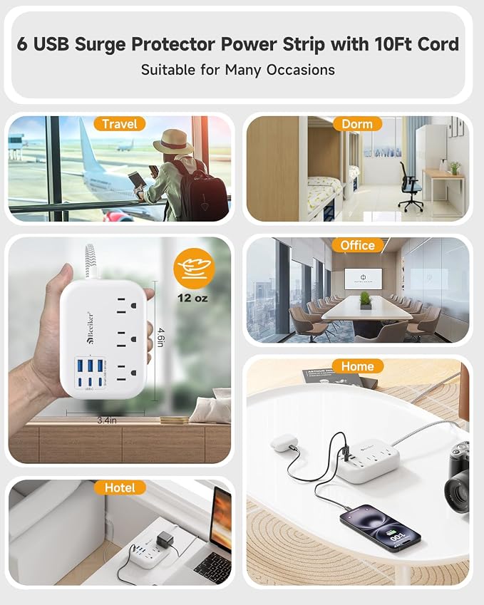 6 USB Surge Protector Power Strip- Extension Cord 10 Ft