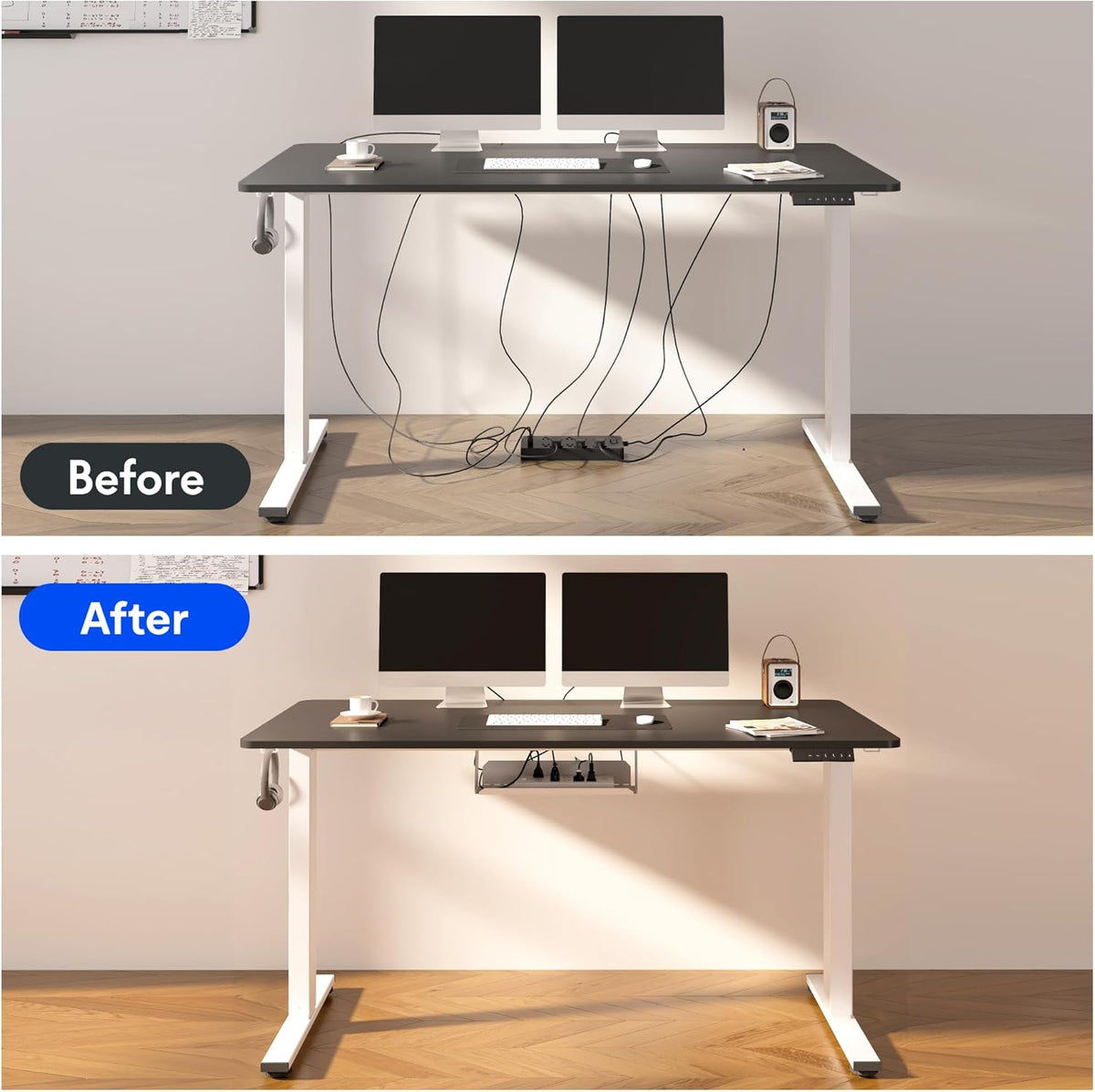 FLEXISPOT EN2 Whole-Piece Standing Desk with Clamp Power Strip, 40 x 24 Electric Stand Up Height Adjustable Desk with Cable Management (White Frame + 40" Black Desktop, 2 Packages)
