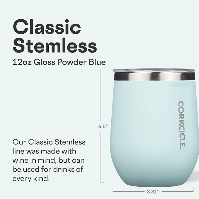 Corkcicle Stemless Wine Tumbler - Keeps Drinks Cold for 6 Hours - Triple-Insulated Stainless Steel - Non-Slip Base - Summer Drinkware Gift - Keeps Drinks Ice Cold - 12 oz - Gloss Powder Blue