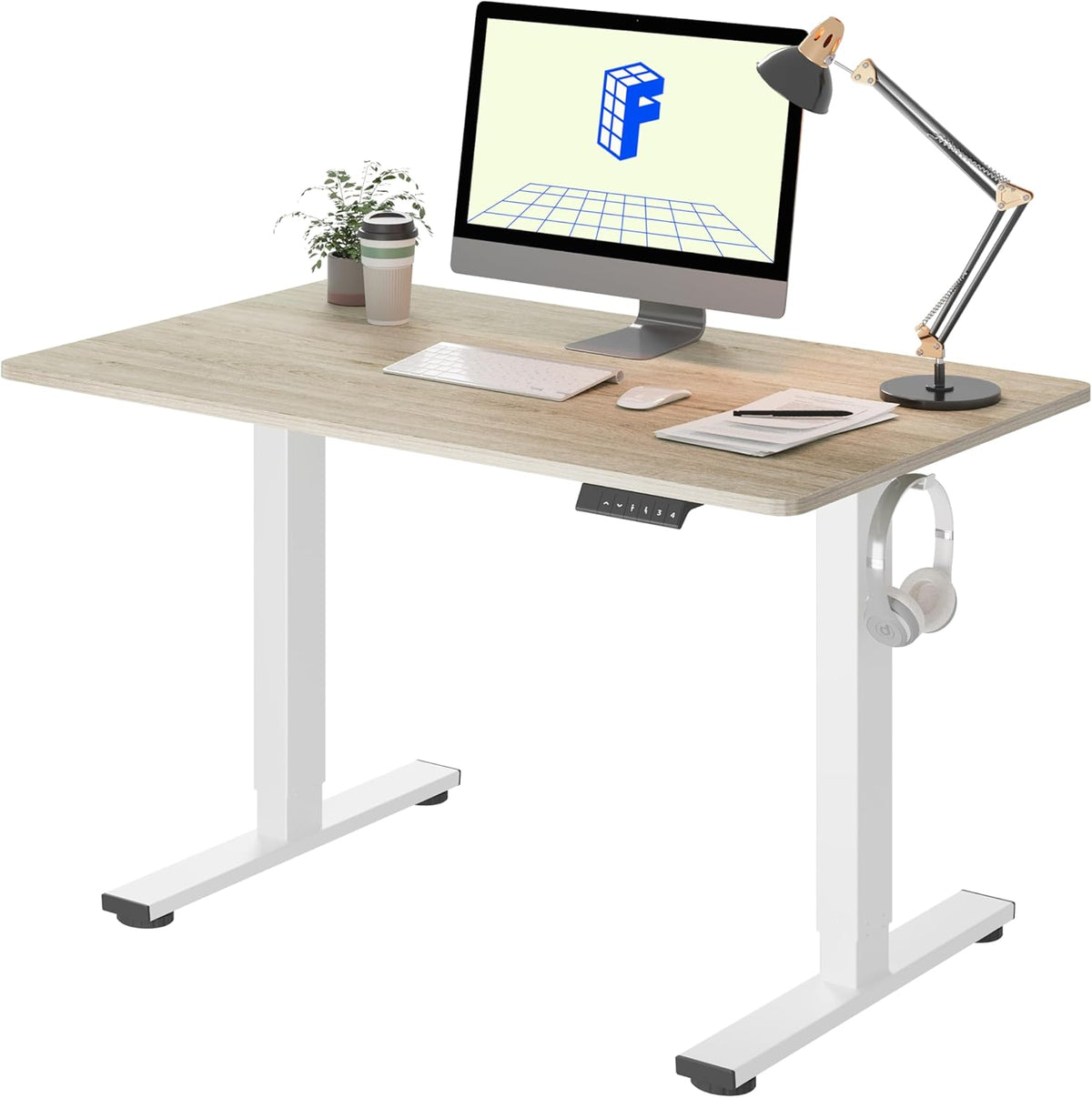 FLEXISPOT EN1 One-Piece Standing Desk, 40 x 24 Inches Electric Height Adjustable Desk for Home Office (White Frame + White Wood Grain Desktop)