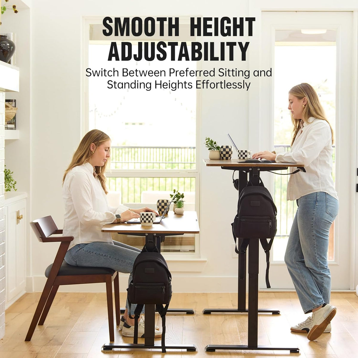 Veken 55 Inch, Height Adjustable Sit Stand Up, Wood Desktop, Work Home Office Computer PC Table, Tall Standup Workstation, Gaming Writing Study Bedroom Rising Desks, Brown