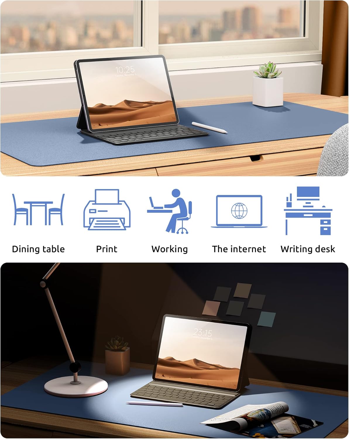 YSAGi Leather Desk Protector, Office Mat, Large Mouse Pad, Non-Slip PU Leather Blotter, Laptop Desk, Waterproof Writing Pad for Office and Home (Blue, 31.5" x 15.8")