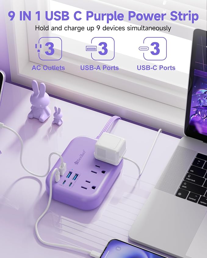 6 USB Purple Travel Power Strip- 5Ft Purple Extension Cord