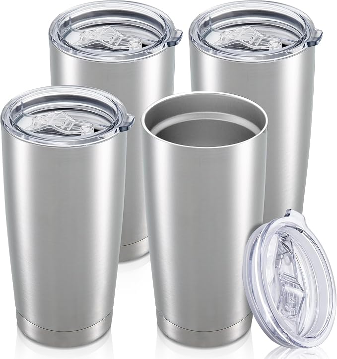 20 oz Tumbler with Lid Stainless Steel Insulated Tumblers Bulk Double Wall Vacuum Cups Powder Coated Travel Mug Keep Drinks Cold and Hot, Stainless Steel, 4 Pack