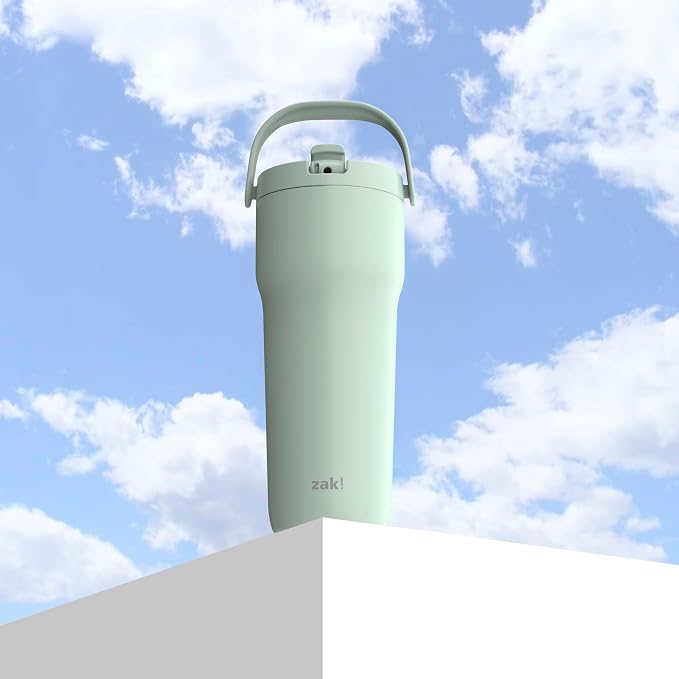 Zak Designs Sutton Travel Tumbler for On the Go, 30oz Stainless Steel with Vacuum Insulation, Straw Spout, Carry Handle for Cold Drinks (Icicle Mint Green)
