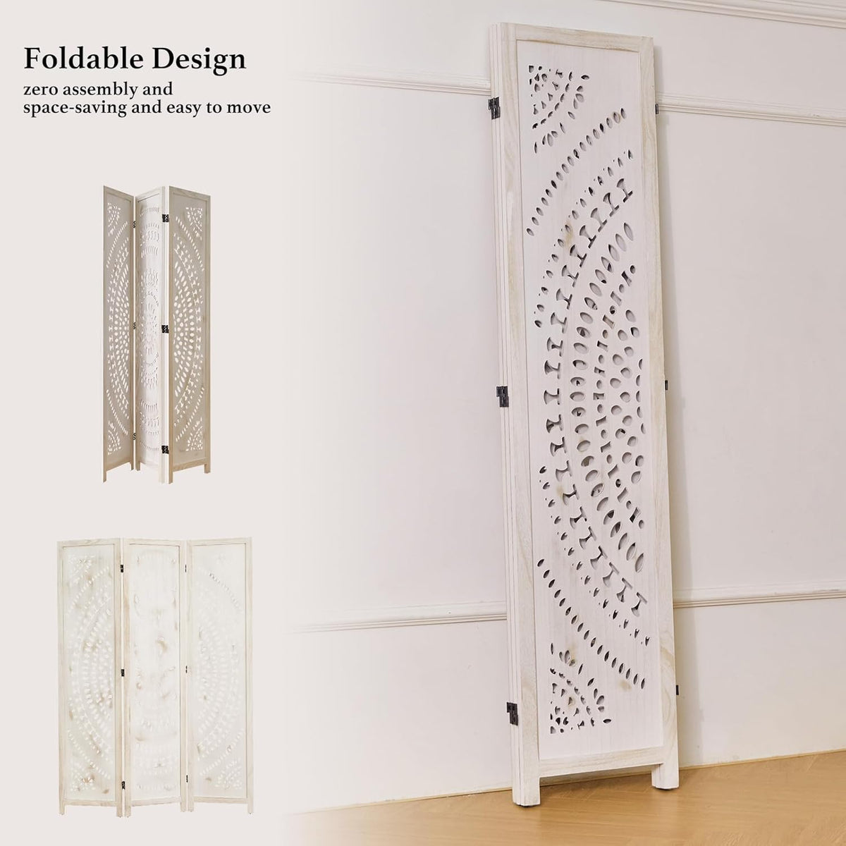 66.9Inch Folding Room Divider, 3 Panels Wood Carved Privacy Screens, Free Assembled Freestanding Partition for Home Office Restaurant Bedroom (White-Washed)
