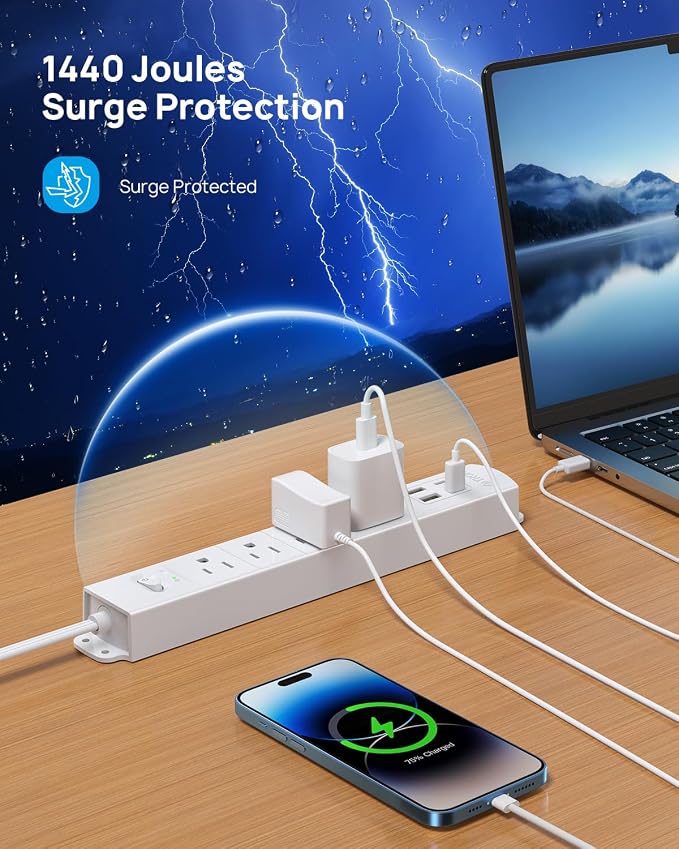 TROND Flat Plug Power Strip USB-10ft Flat Extension Cord Surge Protector Wall