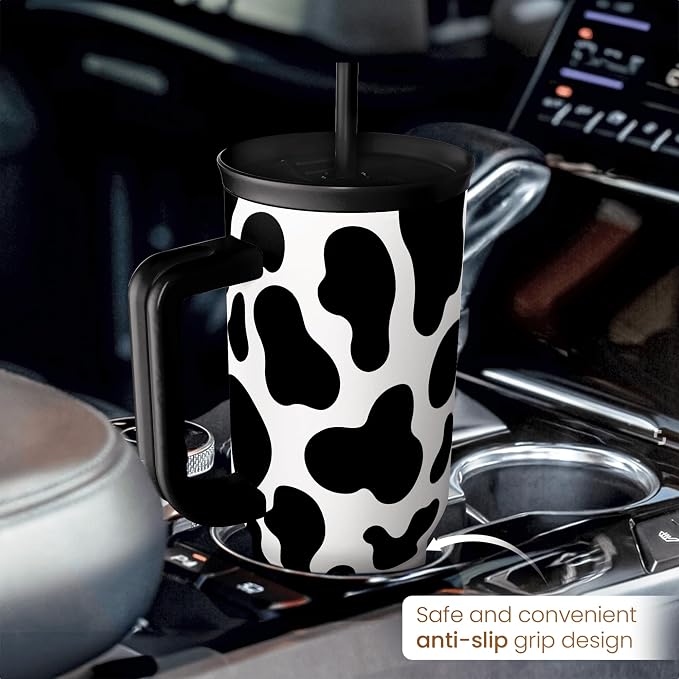 SANDJEST Cow Tumbler with Handle 40oz, Cow Print Cup Stainless Steel Tumblers Coffee Travel Cups with Slider Lid, Cow Gifts for Women Birthday Christmas Mothers Day