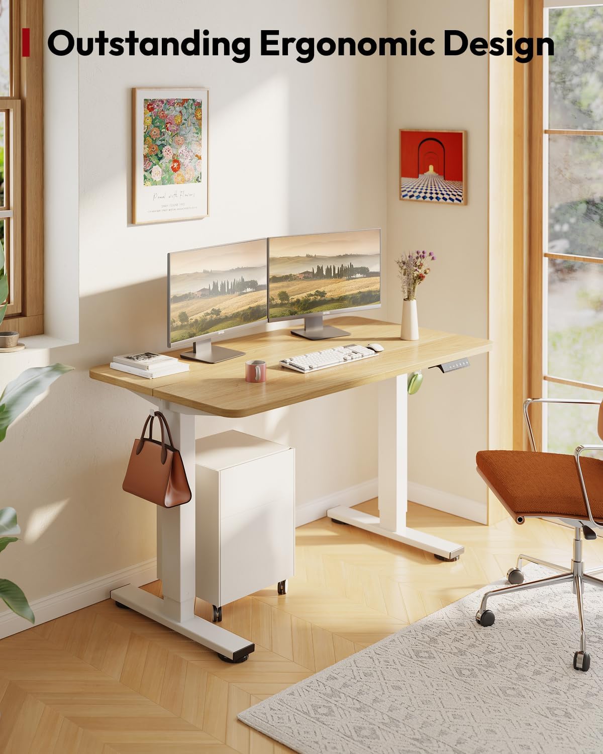 SANODESK Standing Desk Height Adjustable Electric 40x24 Inches Sit Stand Desk for Home Office with Splice Board, White Frame/Maple Top