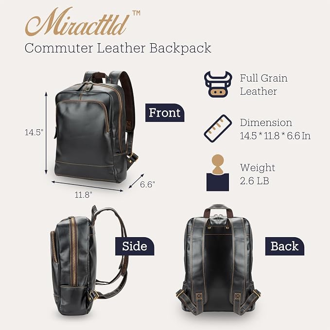 Leather Backpack for Men 15.6" Laptop Backpack 100% Madagascar top-Grain