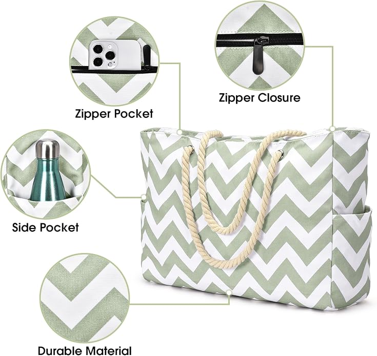 Becokan Beach Bags for Women Large Waterproof Beach Tote Bag Zipper Beach Bags