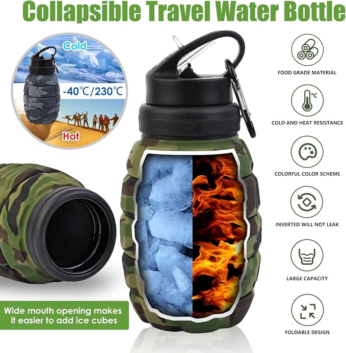 Collapsible Travel Water Bottle18oz, Reuseable Silicone Foldable Water Bottles