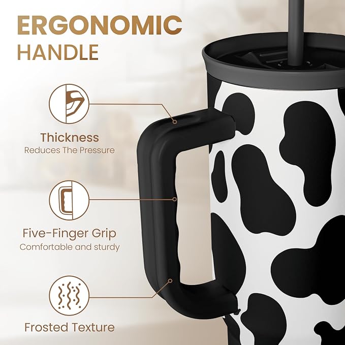 SANDJEST Cow Tumbler with Handle 40oz, Cow Print Cup Stainless Steel Tumblers Coffee Travel Cups with Slider Lid, Cow Gifts for Women Birthday Christmas Mothers Day