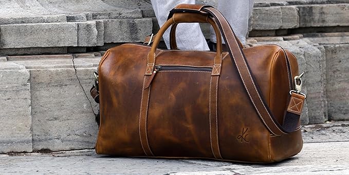 KomalC Leather Duffel Bags for Men and Women Full Grain Leather Travel