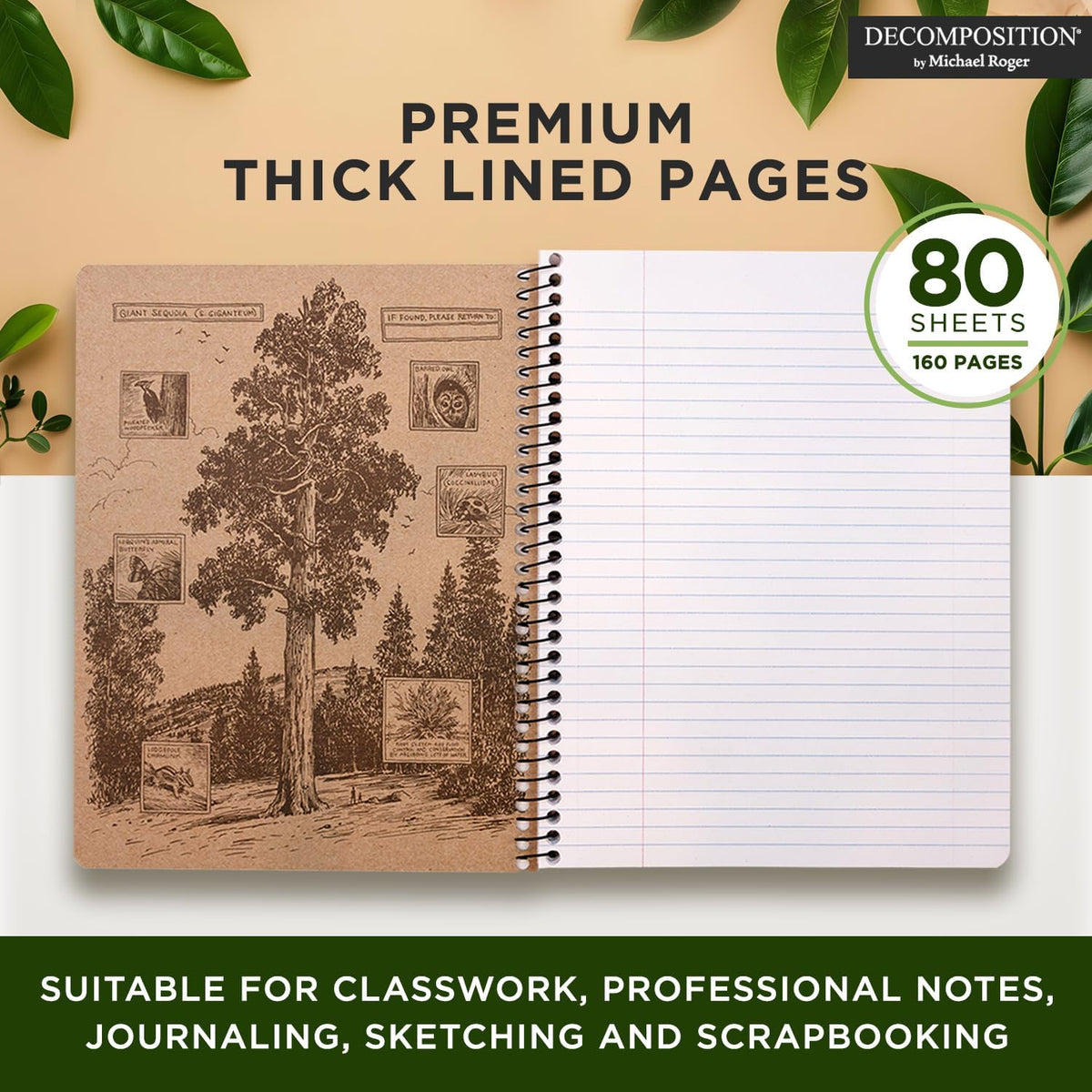 Decomposition 3-Pack Feathered Friends College Ruled Spiral Notebook - 9.75 x 7.5 Journal, 160 Lined Pages - 100% Recycled Paper - Notebooks for School Supplies, Home & Office - Made in USA
